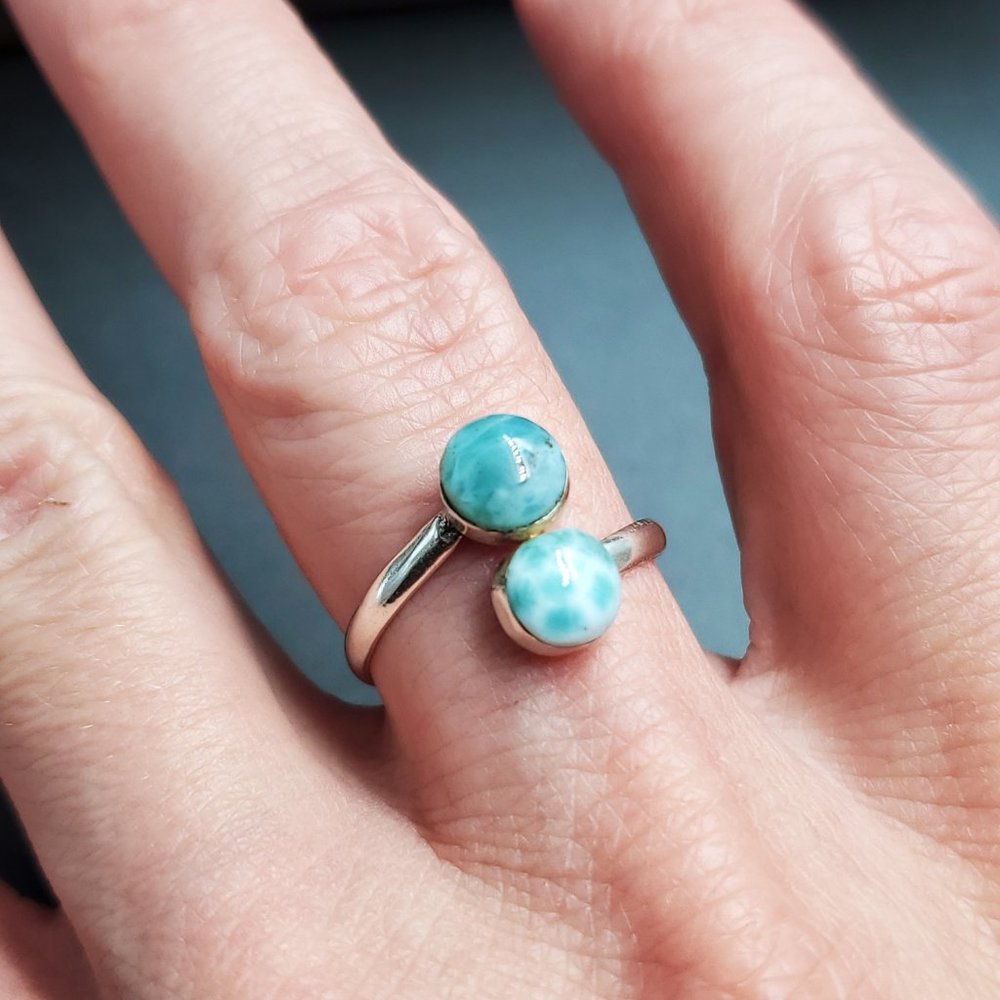 Size 9 Sterling Silver Cool Double Larimar Stones Ring - Picture 3 of 7